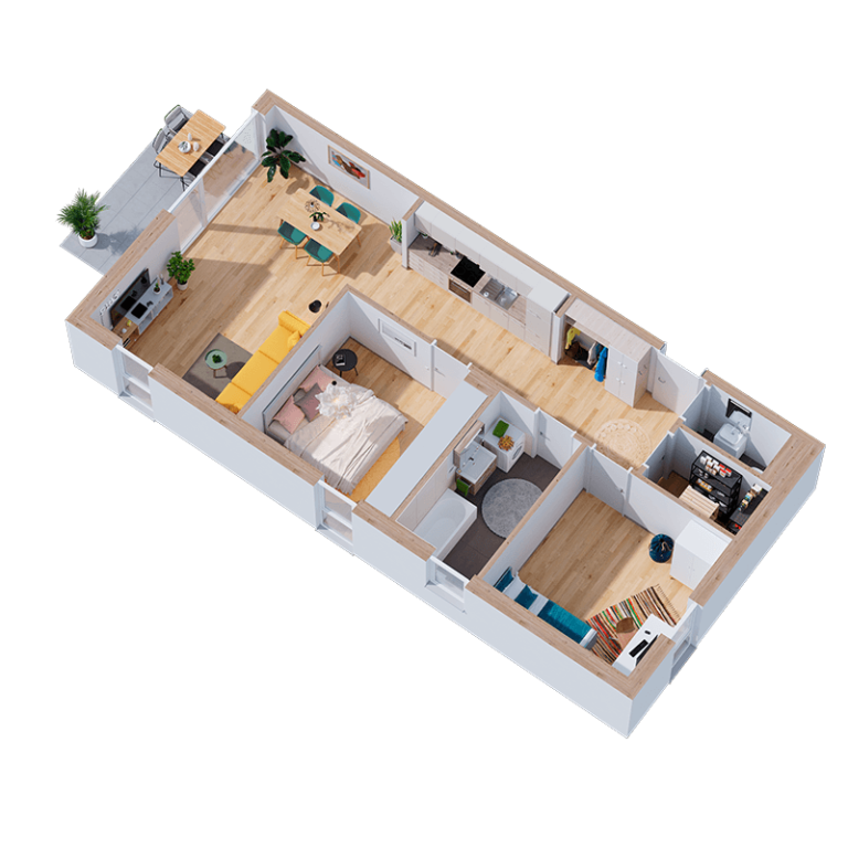 3D Grundriss all-in99 Modell M one der Wohnung Typ 73 mit Terrasse